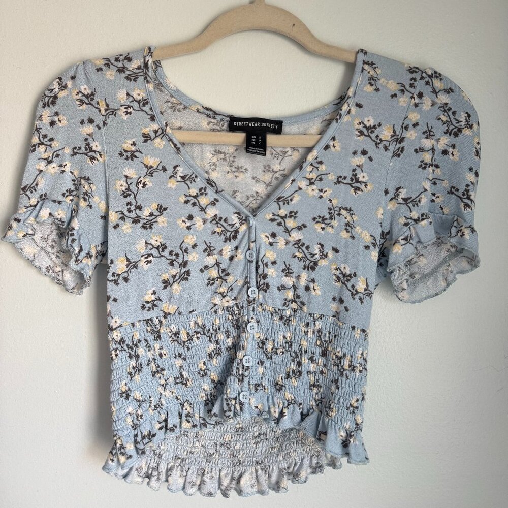 Streetwear Society Small Blue with White and Black Floral Top. Scrunched on the